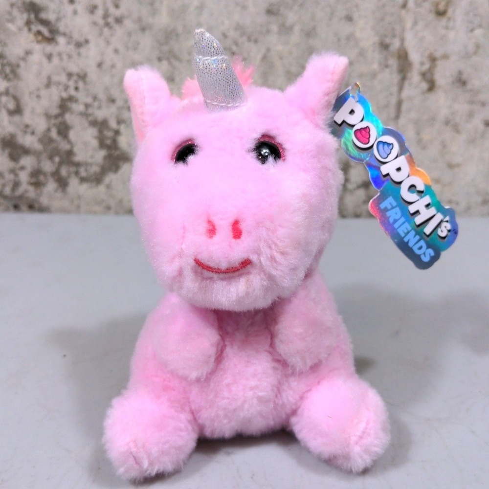 Grin Studios Poopchi's Friends Pink Unicorn Plush Glitter Horn Soft Toy 6"